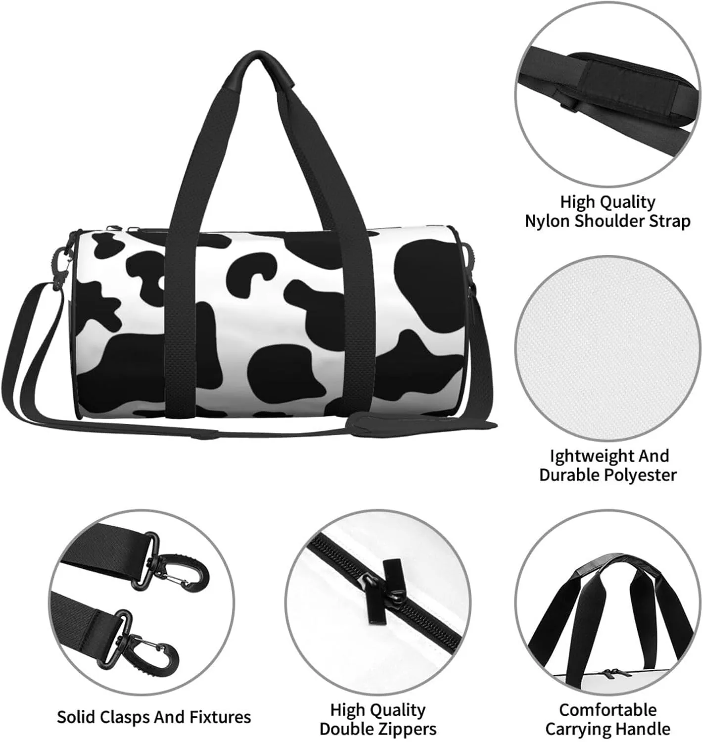 Black white cow spots Round Travel Duffel Bag Large Capacity Gym Sports Bags for Hiking Vacation Trips