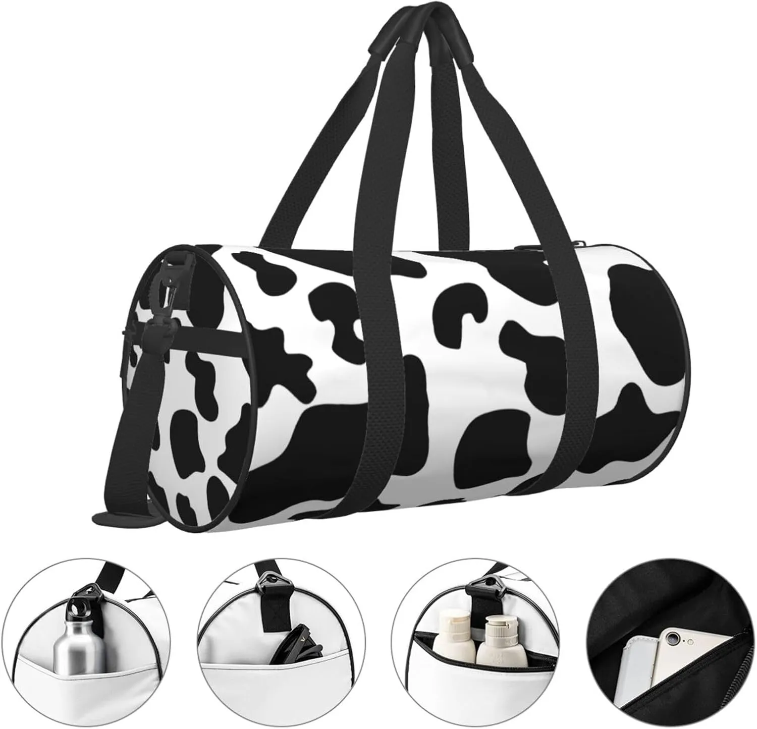 Black white cow spots Round Travel Duffel Bag Large Capacity Gym Sports Bags for Hiking Vacation Trips