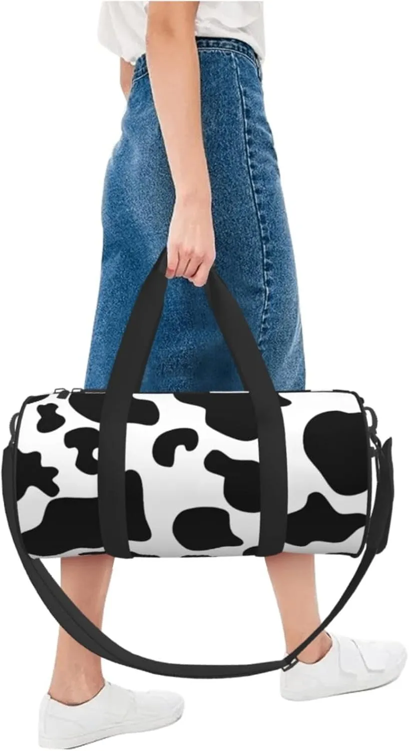 Black white cow spots Round Travel Duffel Bag Large Capacity Gym Sports Bags for Hiking Vacation Trips