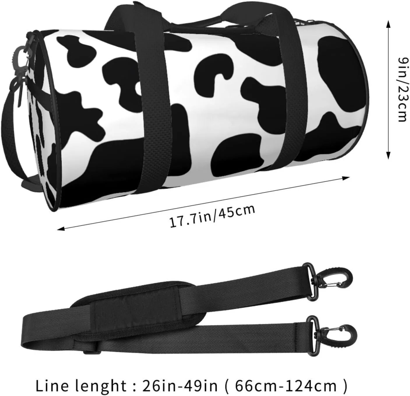 Black white cow spots Round Travel Duffel Bag Large Capacity Gym Sports Bags for Hiking Vacation Trips