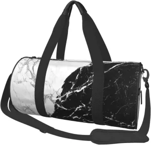 Black White Marble Printed Sports Gym Bag for Men Women Foldable Duffel Bag Carry On Weekender Bag for Travel Sports