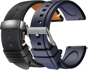 Black/Blue Easy Swapping Quick-Release FKM Rubber & Italian Calfskin Watch Straps Set of 2, 19mm