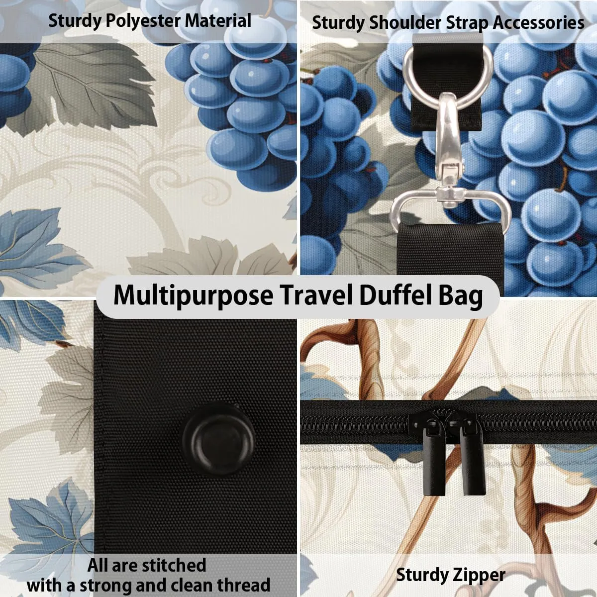 Blue Grapes Travel Duffle Bag, Sports Gym Bags for Women Men, Carry On Weekender Overnight Bag, Fruit Workout Hospital Airplane Trips Bag
