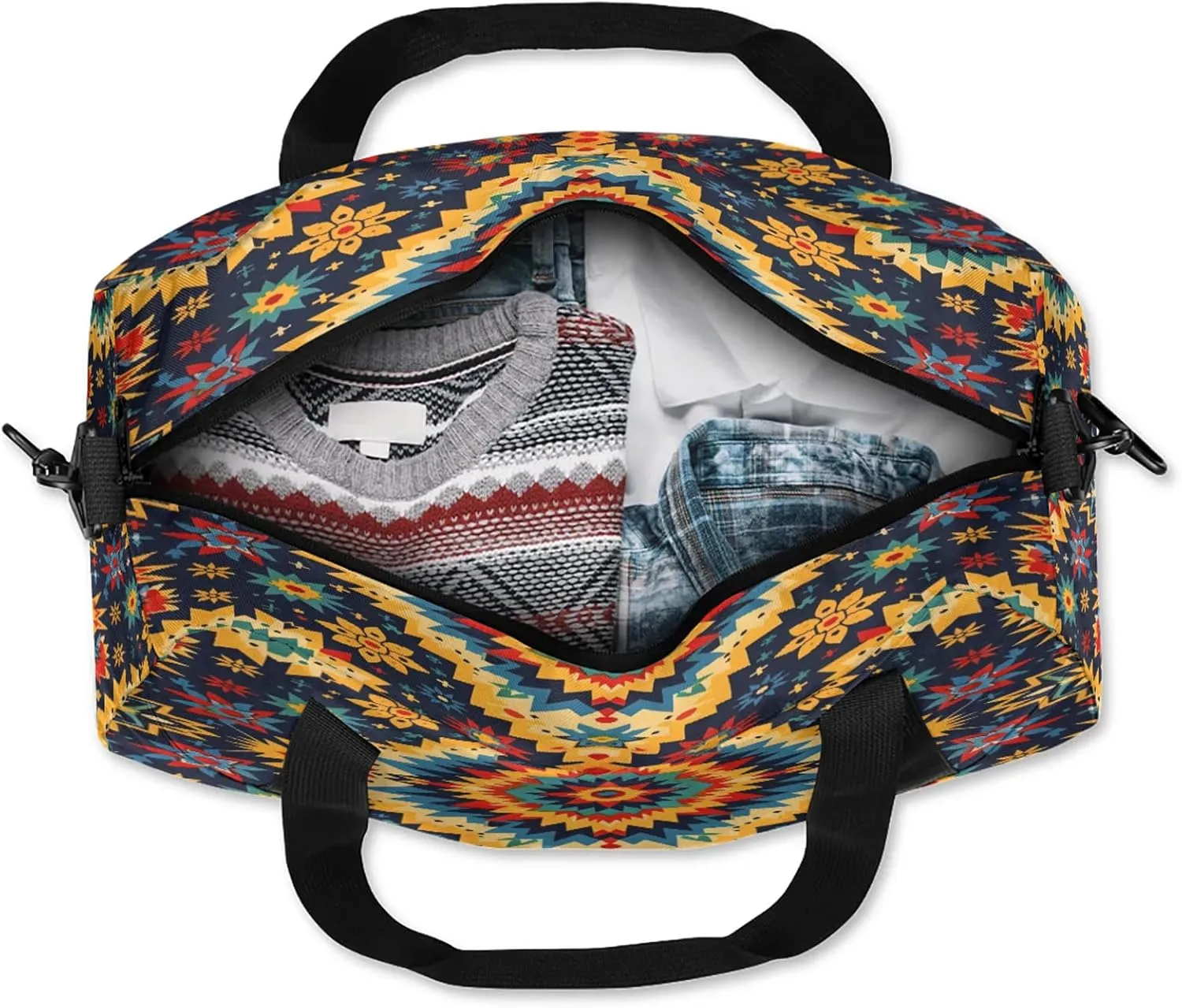 Boho Geo Ethnic Style Flower Pattern Kids Duffel Bag Lightweight Waterproof Sports Gym Bag with Front Zipper Pocket Foldable Weekender Overnight Bag for School Practice Gymnastic Ballet