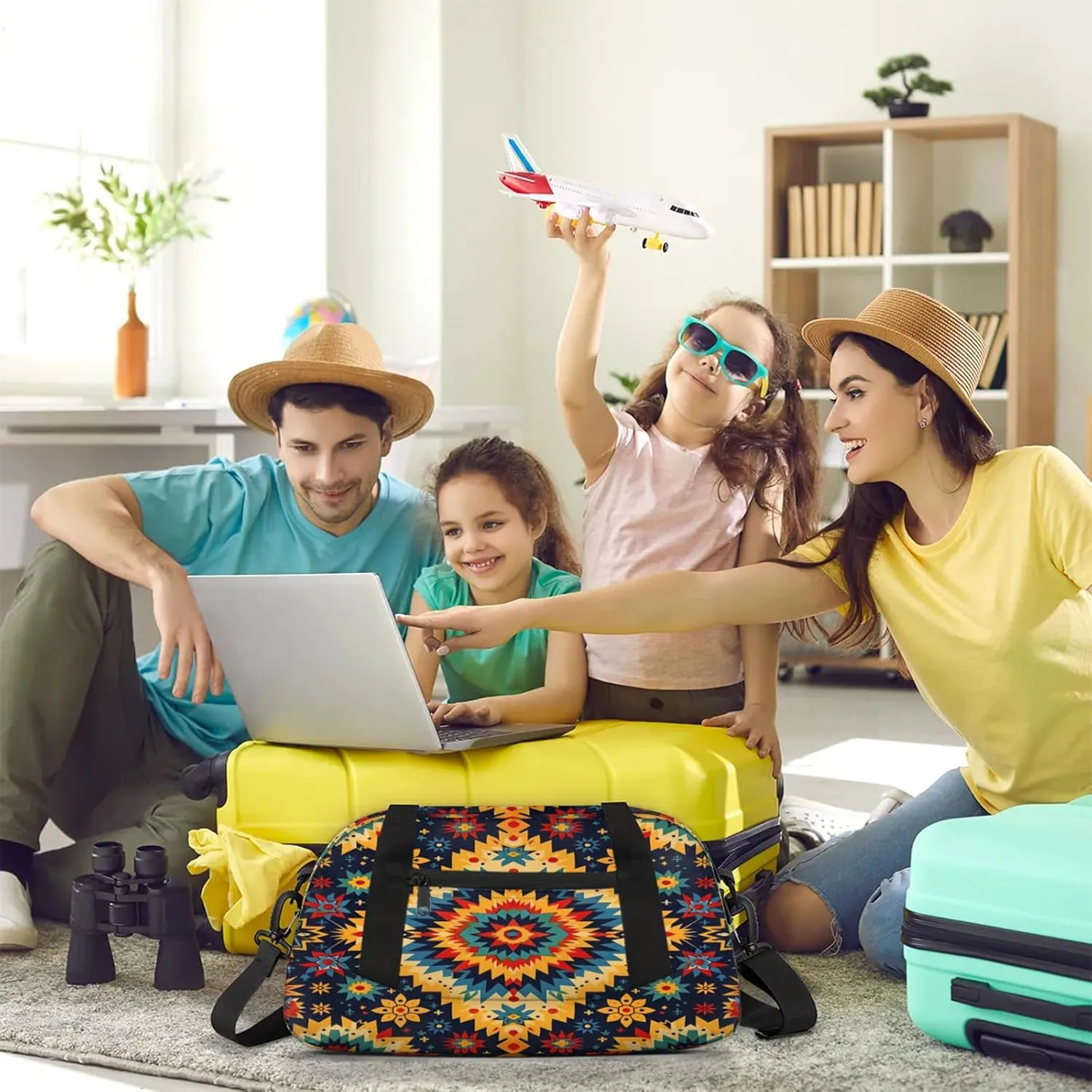 Boho Geo Ethnic Style Flower Pattern Kids Duffel Bag Lightweight Waterproof Sports Gym Bag with Front Zipper Pocket Foldable Weekender Overnight Bag for School Practice Gymnastic Ballet