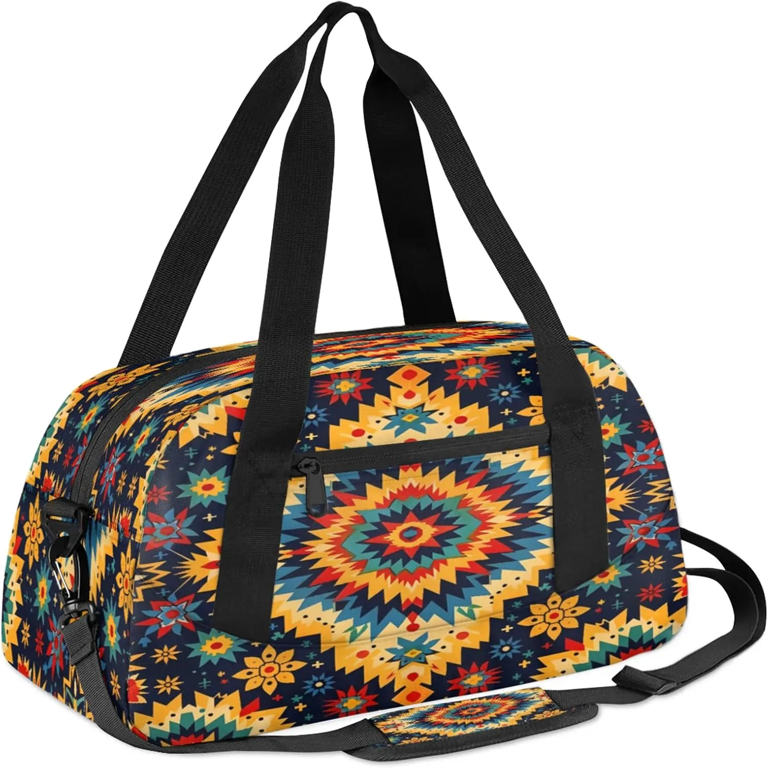 Boho Geo Ethnic Style Flower Pattern Kids Duffel Bag Lightweight Waterproof Sports Gym Bag with Front Zipper Pocket Foldable Weekender Overnight Bag for School Practice Gymnastic Ballet