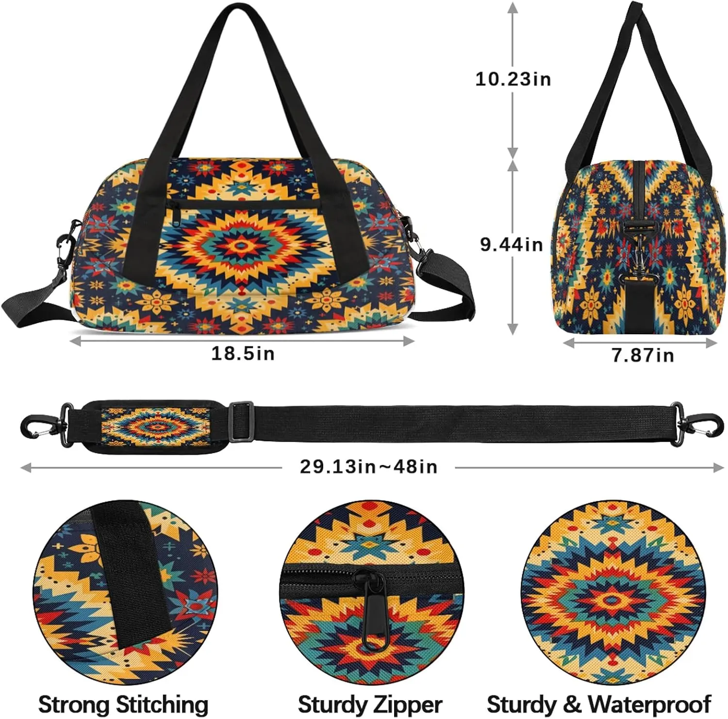 Boho Geo Ethnic Style Flower Pattern Kids Duffel Bag Lightweight Waterproof Sports Gym Bag with Front Zipper Pocket Foldable Weekender Overnight Bag for School Practice Gymnastic Ballet