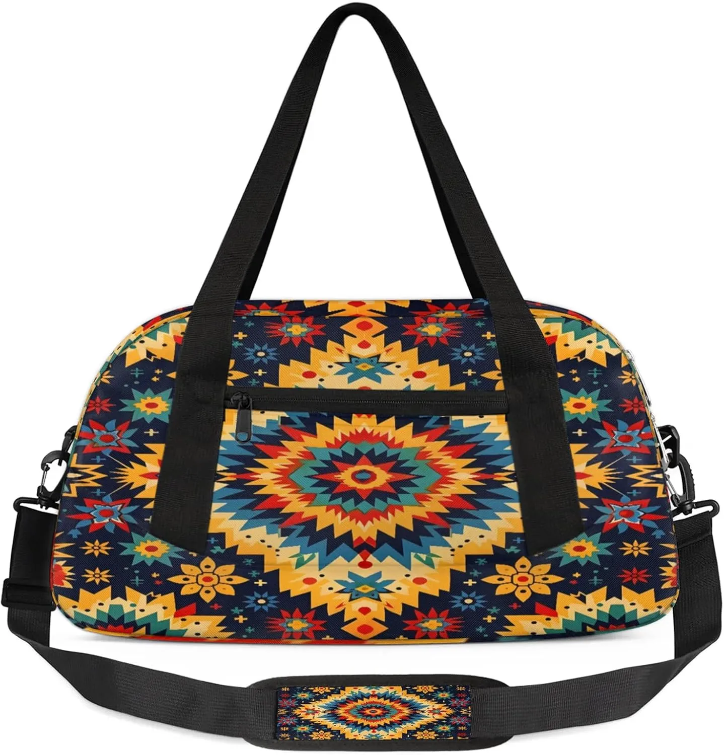 Boho Geo Ethnic Style Flower Pattern Kids Duffel Bag Lightweight Waterproof Sports Gym Bag with Front Zipper Pocket Foldable Weekender Overnight Bag for School Practice Gymnastic Ballet