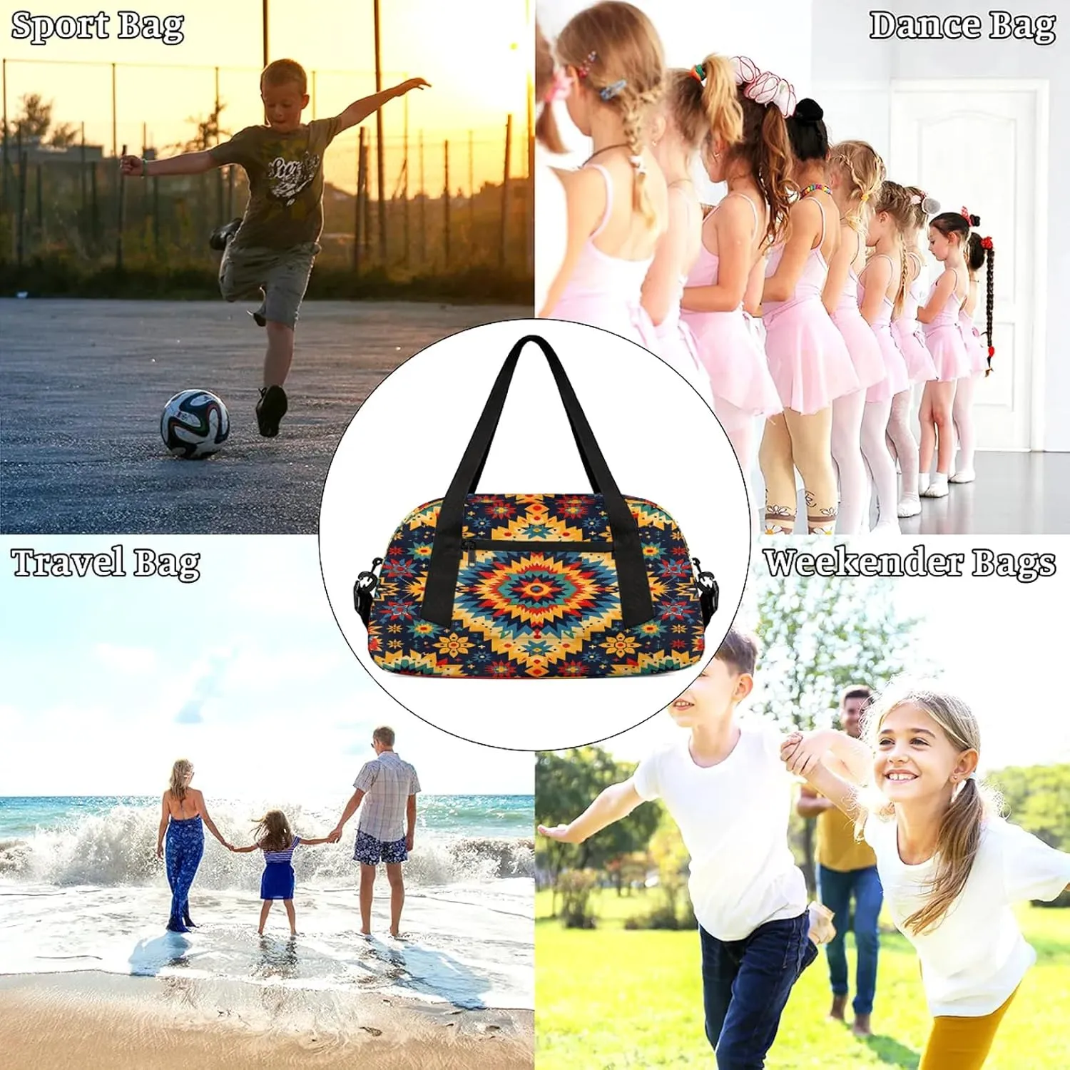 Boho Geo Ethnic Style Flower Pattern Kids Duffel Bag Lightweight Waterproof Sports Gym Bag with Front Zipper Pocket Foldable Weekender Overnight Bag for School Practice Gymnastic Ballet