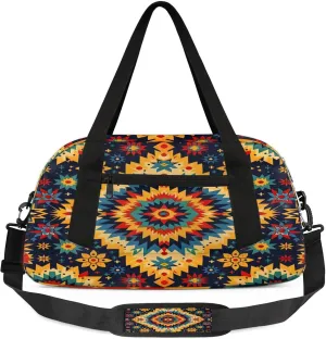 Boho Geo Ethnic Style Flower Pattern Kids Duffel Bag Lightweight Waterproof Sports Gym Bag with Front Zipper Pocket Foldable Weekender Overnight Bag for School Practice Gymnastic Ballet