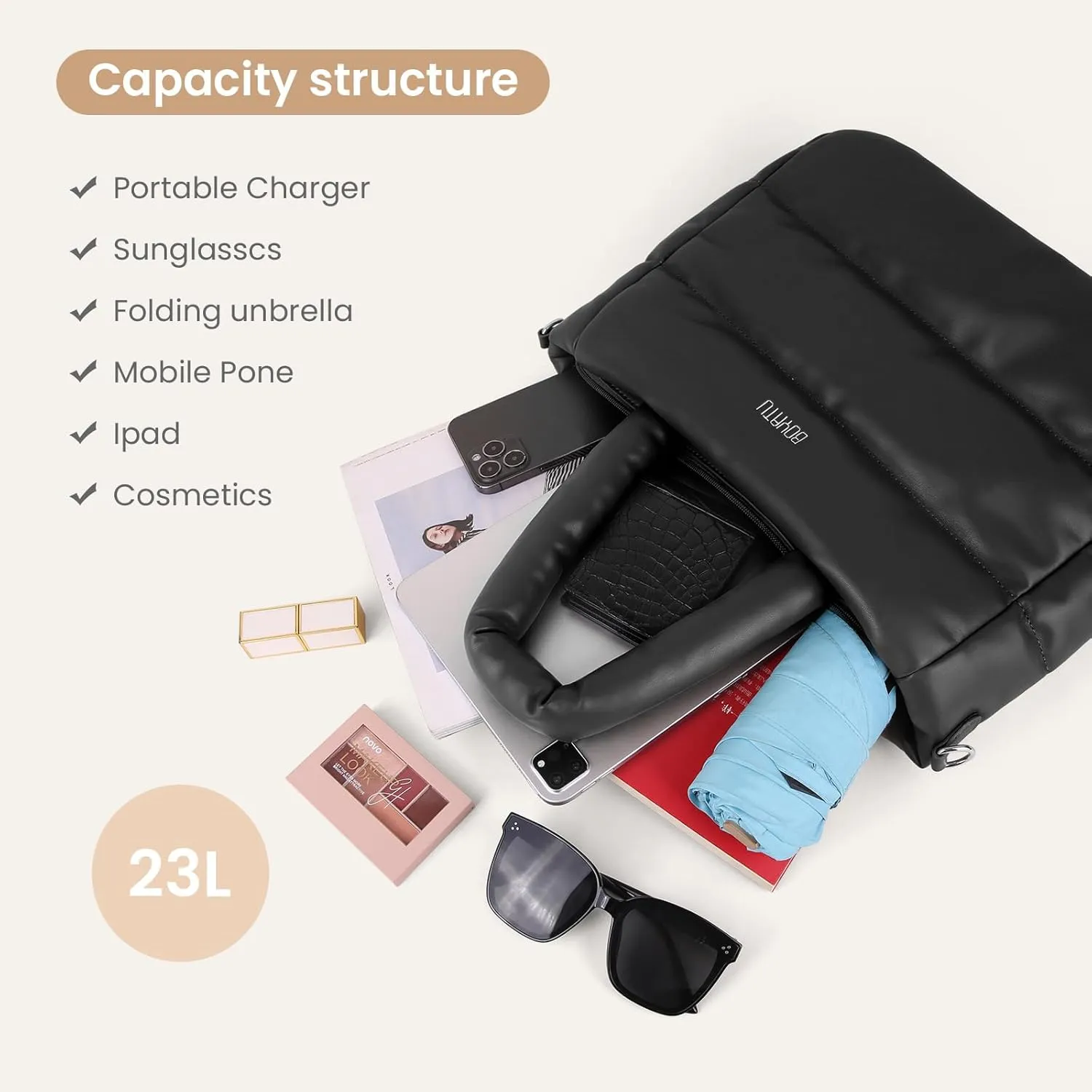 BOYATU Puffer Tote Bag for Women: Quilted Puffy Tote Purse with Zipper - Vegan Leather Satchel Bag for School Work Travel Gym