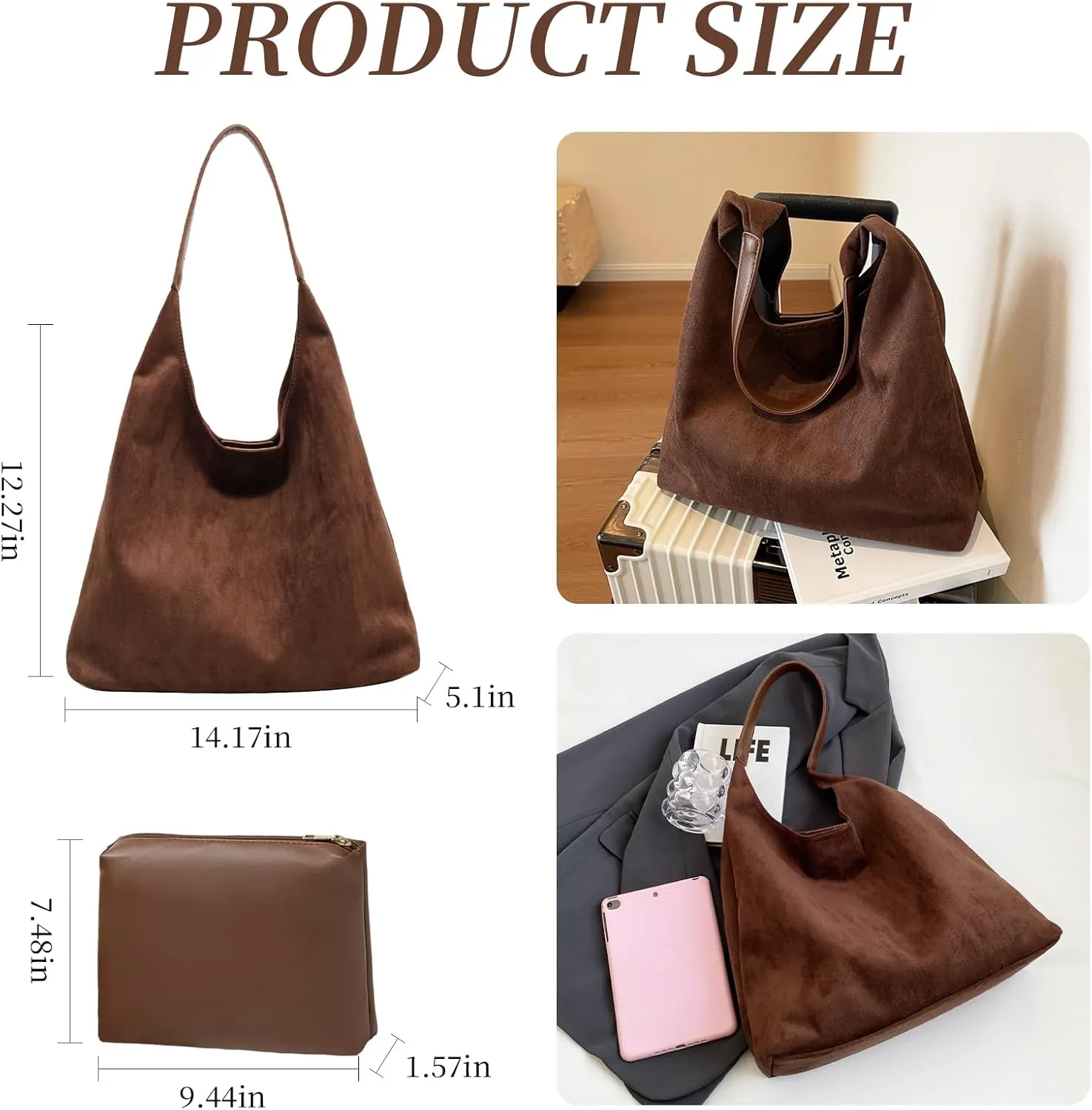 Brown Suede Bags for Women 2025 Suede Tote Bag Retro Suede Slouchy Bag Brown Suede Women's Shoulder Bag