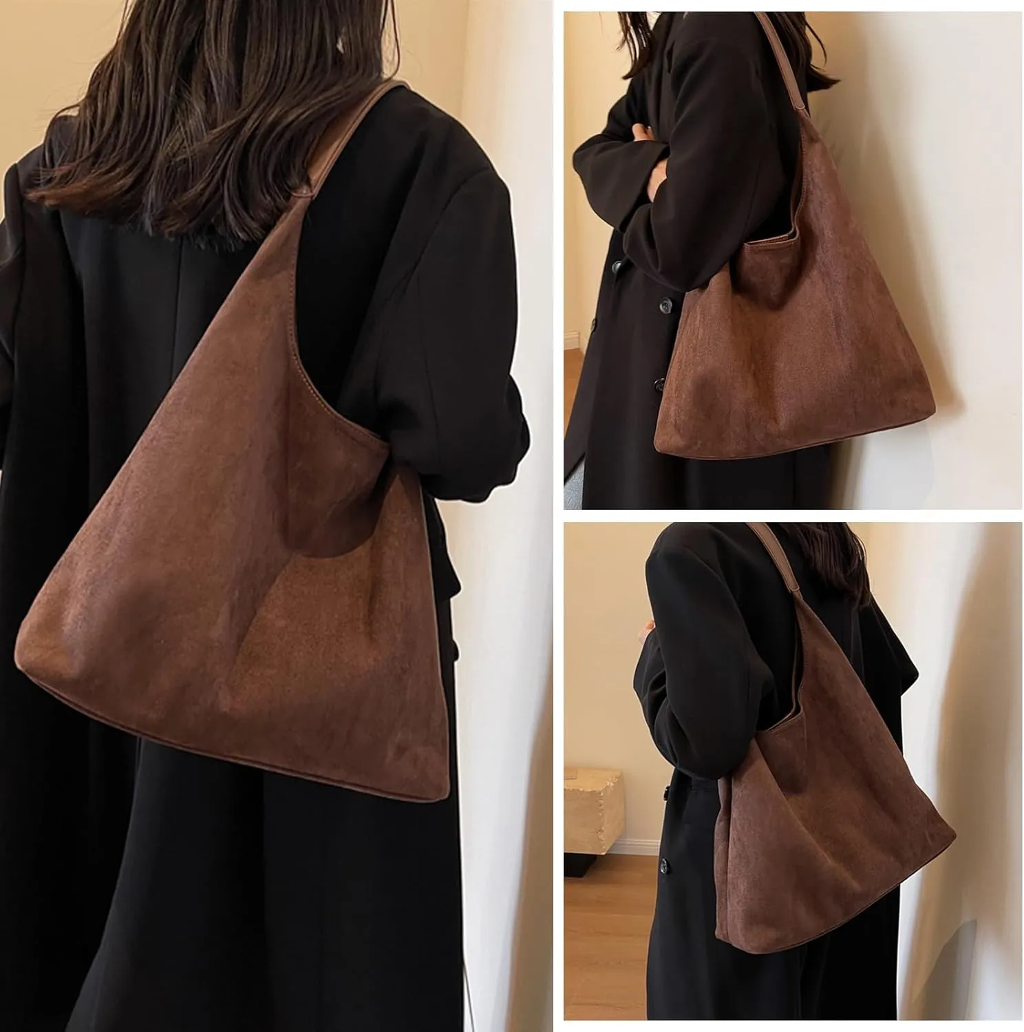 Brown Suede Bags for Women 2025 Suede Tote Bag Retro Suede Slouchy Bag Brown Suede Women's Shoulder Bag