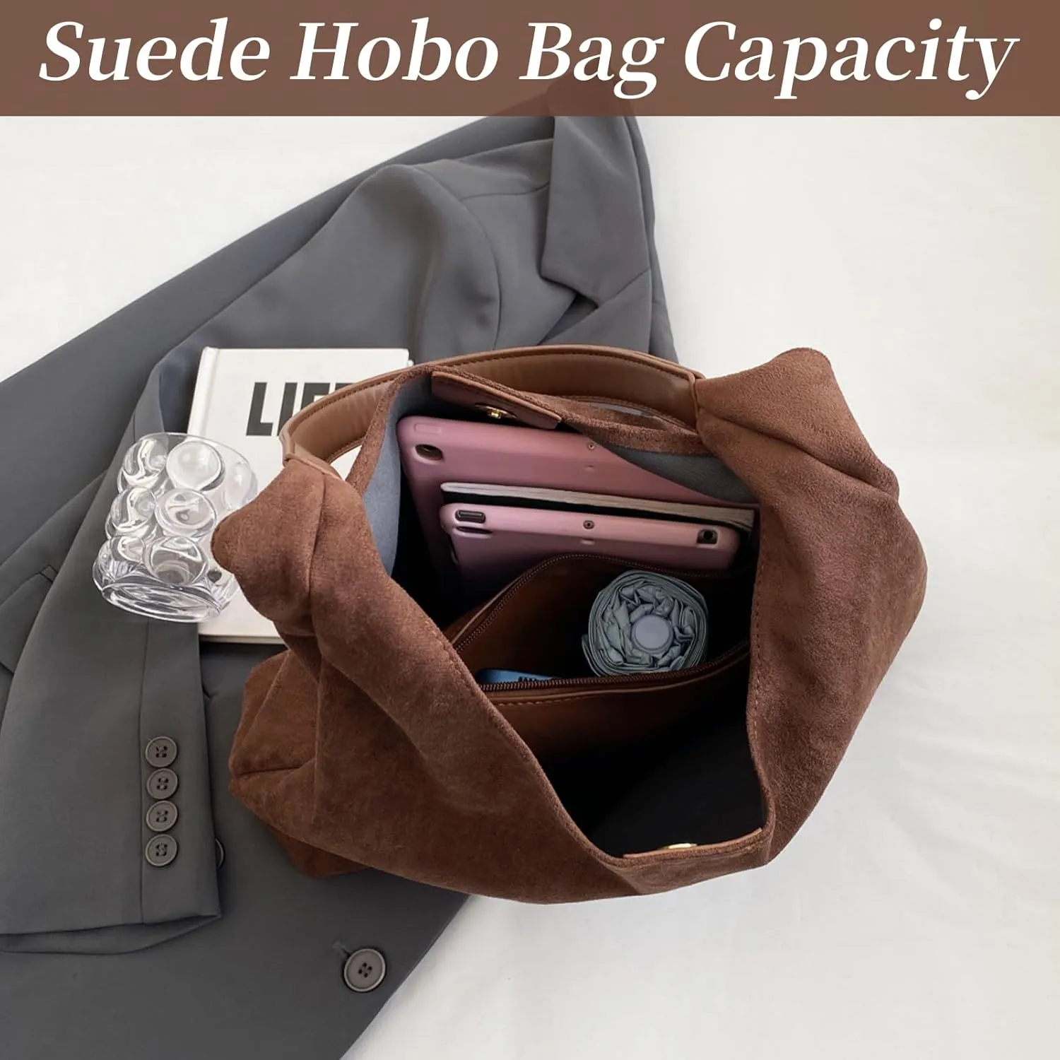 Brown Suede Bags for Women 2025 Suede Tote Bag Retro Suede Slouchy Bag Brown Suede Women's Shoulder Bag