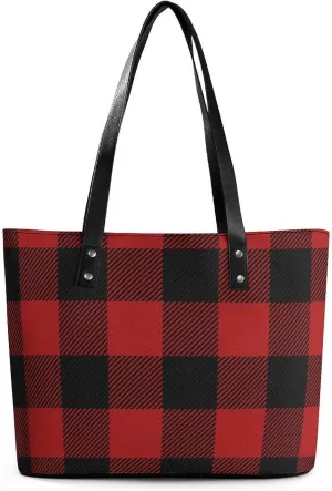 Buffalo Scottish Tartan Plaid Checkered Women's Tote Shoulder Bag Handbag Top Handle Leather 29 * 34 * 14cm
