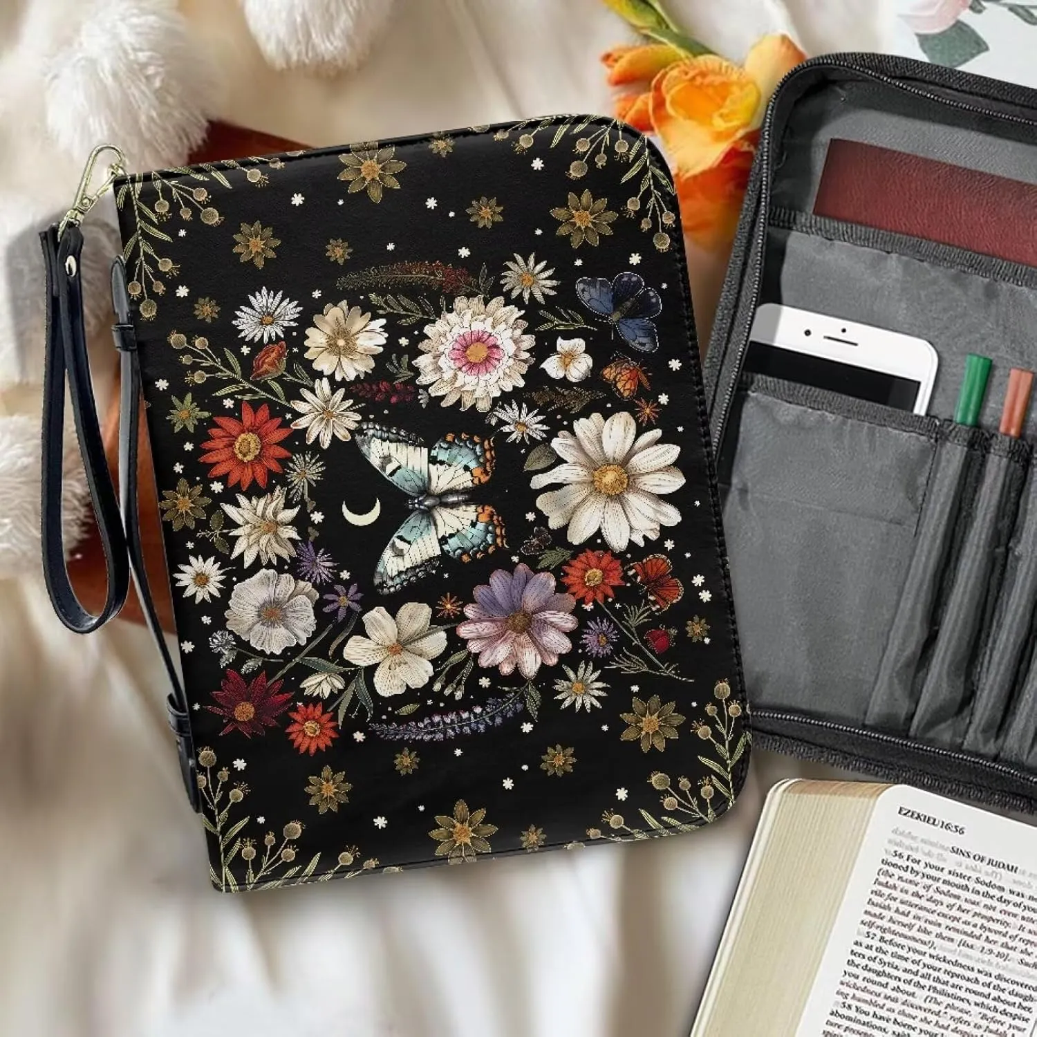 Butterfly Bible Cover Case, Soft PU Leather Church Book Bag with Zipper Pockets Women Portable Protective Bag for Bible Study Supplies,Size L/XL/2XL