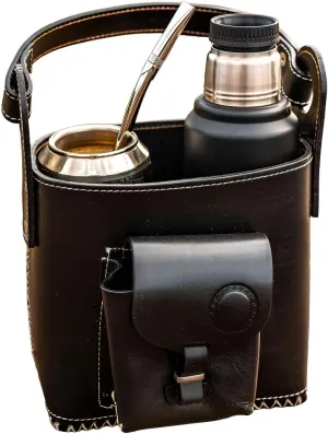 Canasto Matero de Cuero - Handmade Leather Mate Bag with pocket - Carry Bag for Mate Gourd Set and Thermos - CUSHE Mates (Negro)
