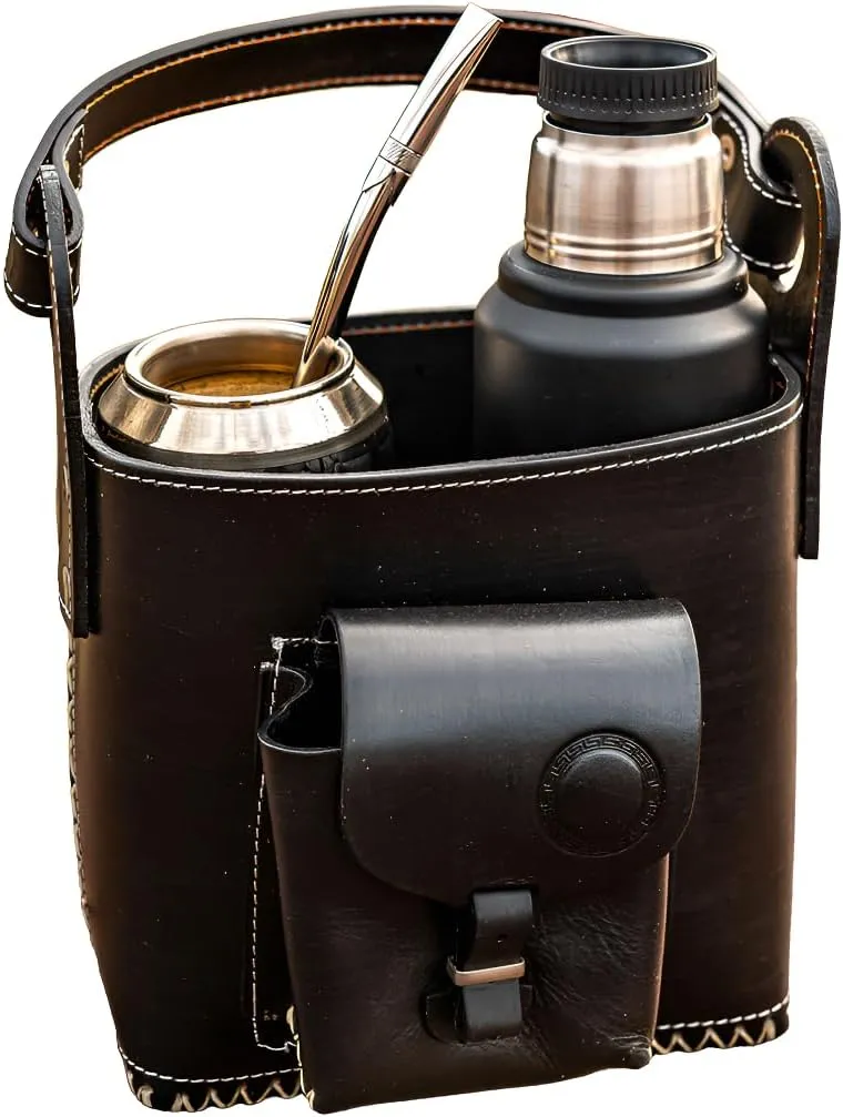 Canasto Matero de Cuero - Handmade Leather Mate Bag with pocket - Carry Bag for Mate Gourd Set and Thermos - CUSHE Mates (Negro)