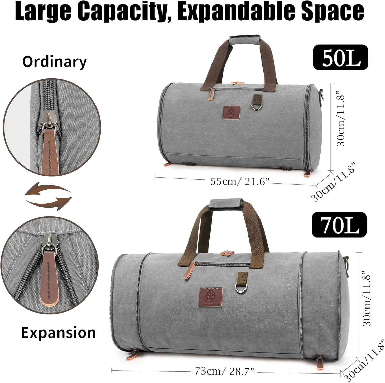 Canvas Duffle Bag for Men - 50L-70L Large Weekender Overnight Expandable Carry On Bag
