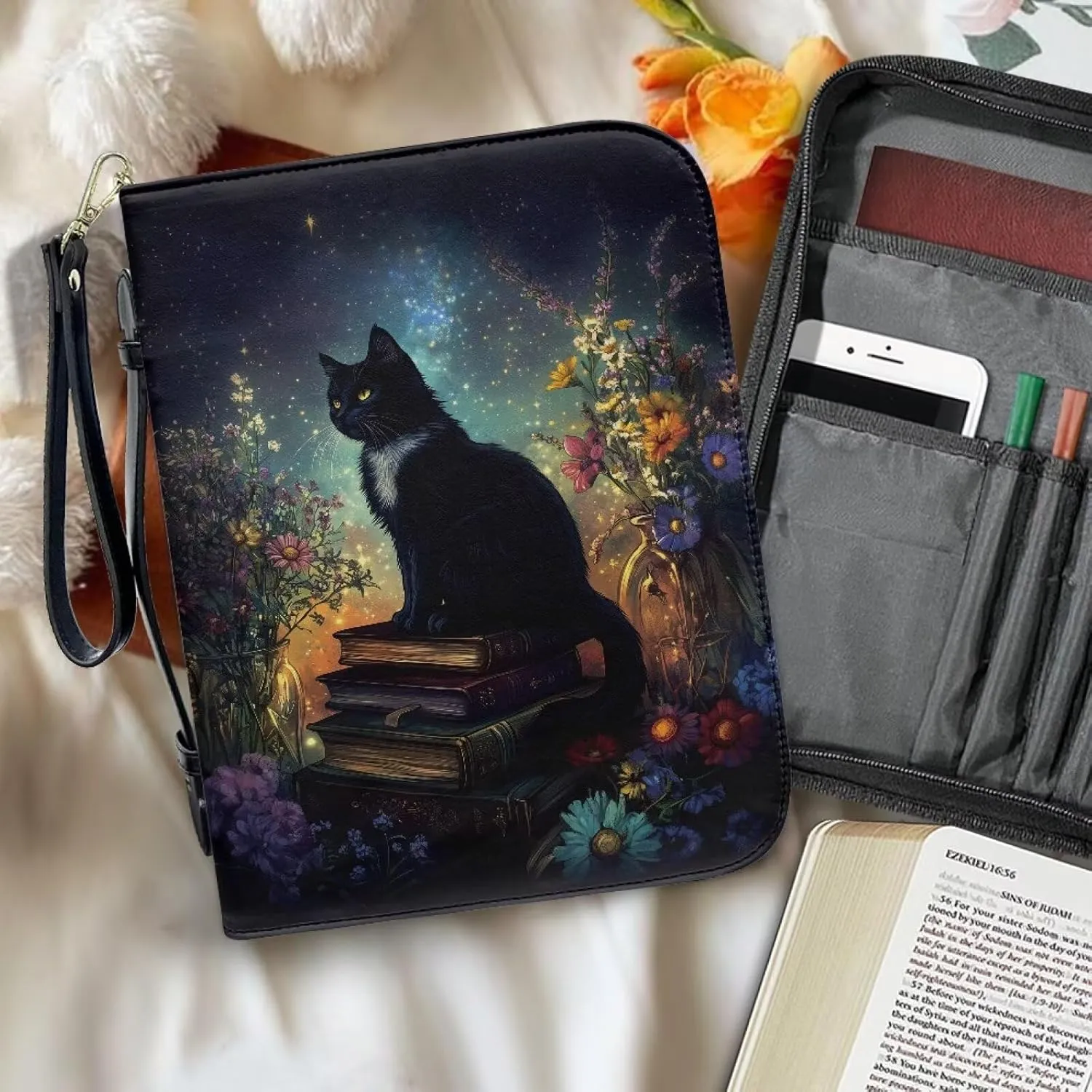 Cat Bible Cover, Carrying Book Case Church Bag Bible Protective with Handle and Zippered Pocket, Christian Gifts for Women Men Size L/XL/2XL