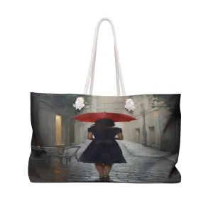 Chasing Raindrops: Red Umbrella Weekender Tote | Awaiting Love Paris Alley Scene | Canvas Travel Overnight Beach Pool Shoulder Bag 24" × 13"