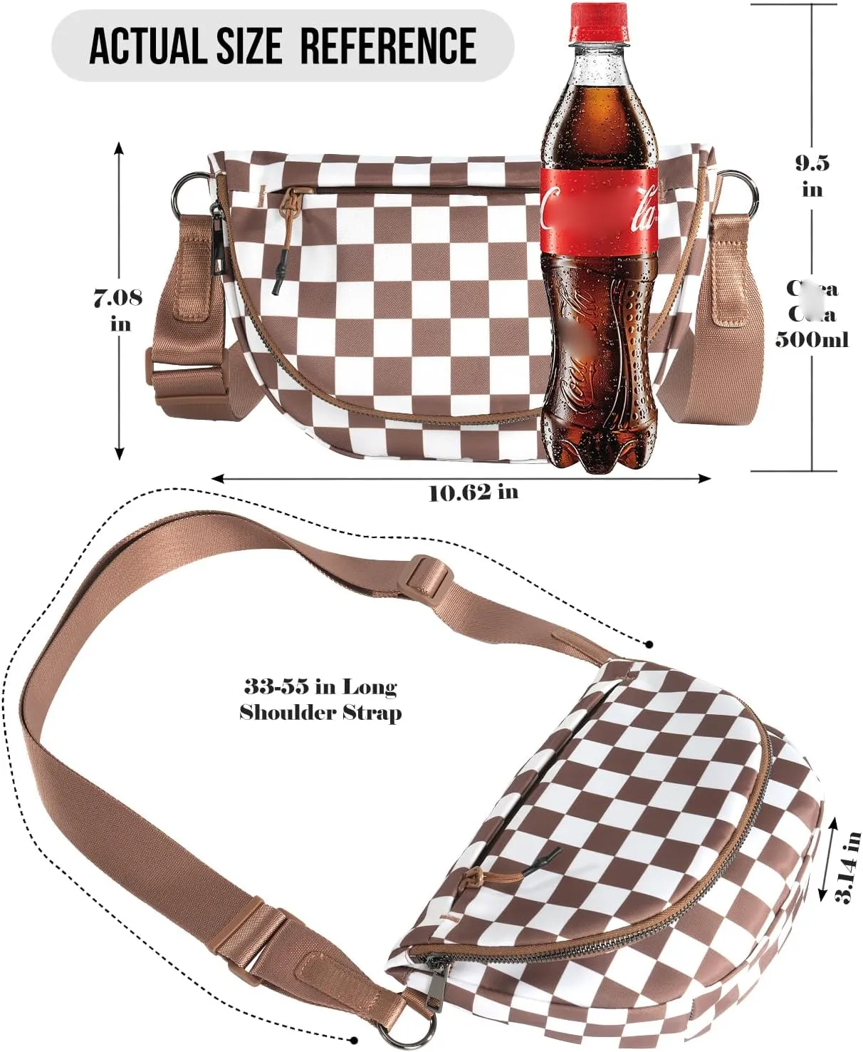 Checkered Crossbody Messenger Bag, Black and White Pattern, Adjustable Shoulder Strap