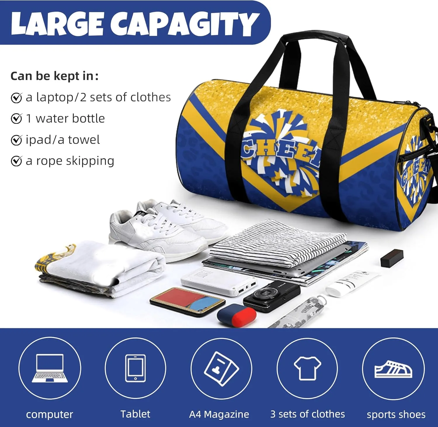 Cheer Duffle Bag for Cheerleaders, Cheerleading Gym Bag for Women, Travel Bag Duffel Bag, Carry on Weekender Bag (Gold&Navy)