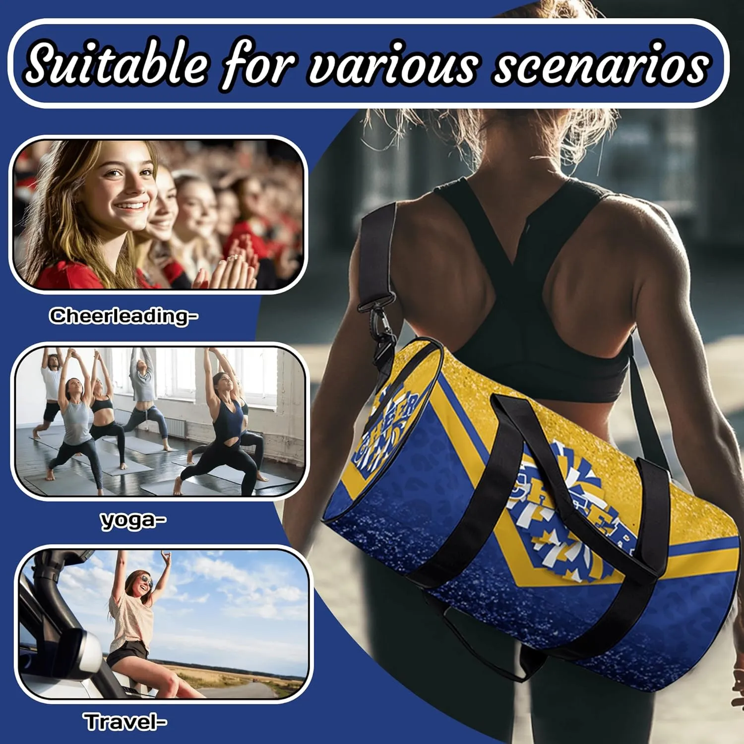 Cheer Duffle Bag for Cheerleaders, Cheerleading Gym Bag for Women, Travel Bag Duffel Bag, Carry on Weekender Bag (Gold&Navy)