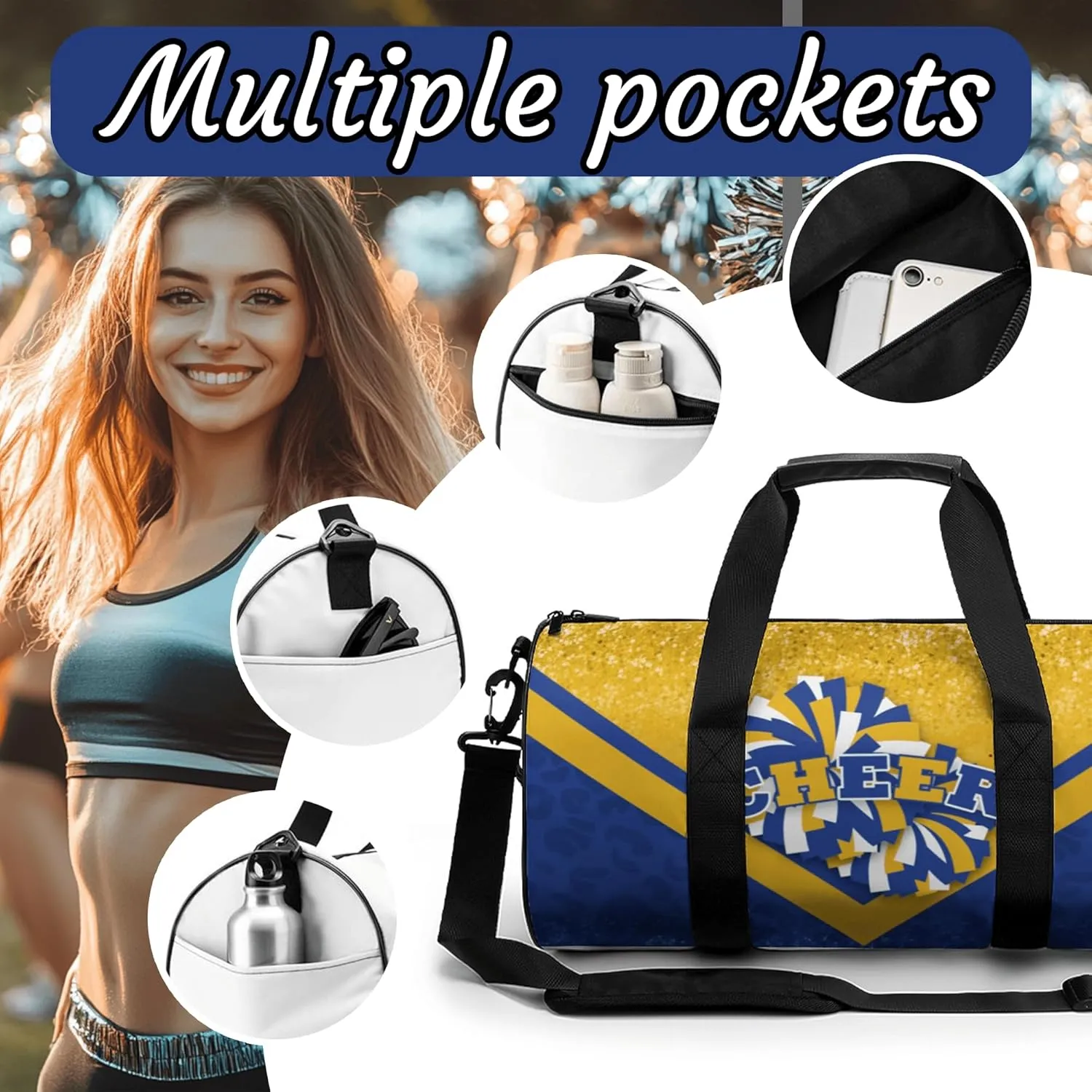 Cheer Duffle Bag for Cheerleaders, Cheerleading Gym Bag for Women, Travel Bag Duffel Bag, Carry on Weekender Bag (Gold&Navy)