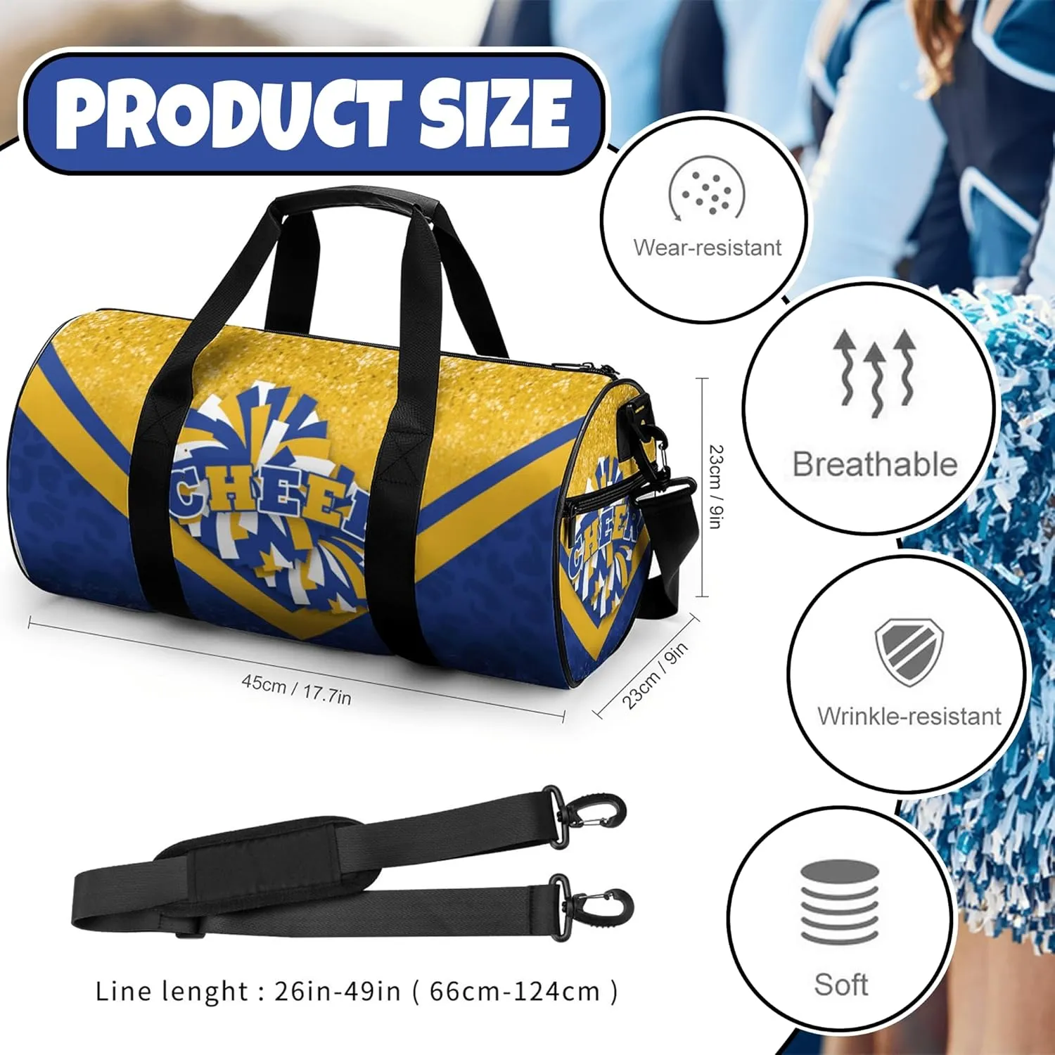 Cheer Duffle Bag for Cheerleaders, Cheerleading Gym Bag for Women, Travel Bag Duffel Bag, Carry on Weekender Bag (Gold&Navy)