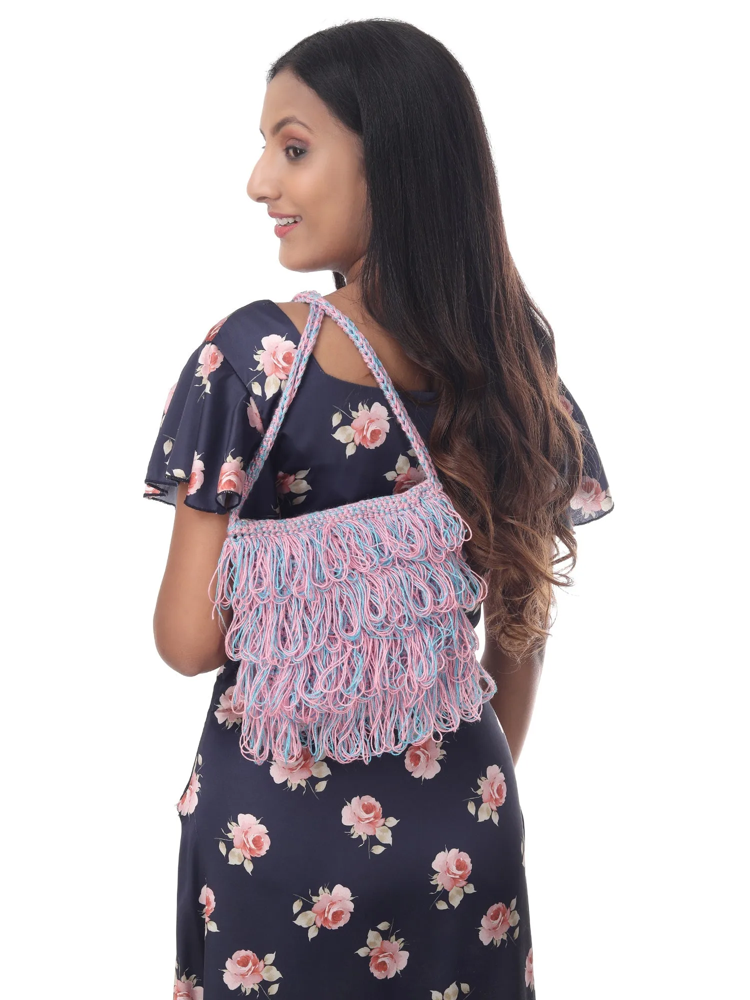 Chic Pink-Blue Frilled Crochet Satchel