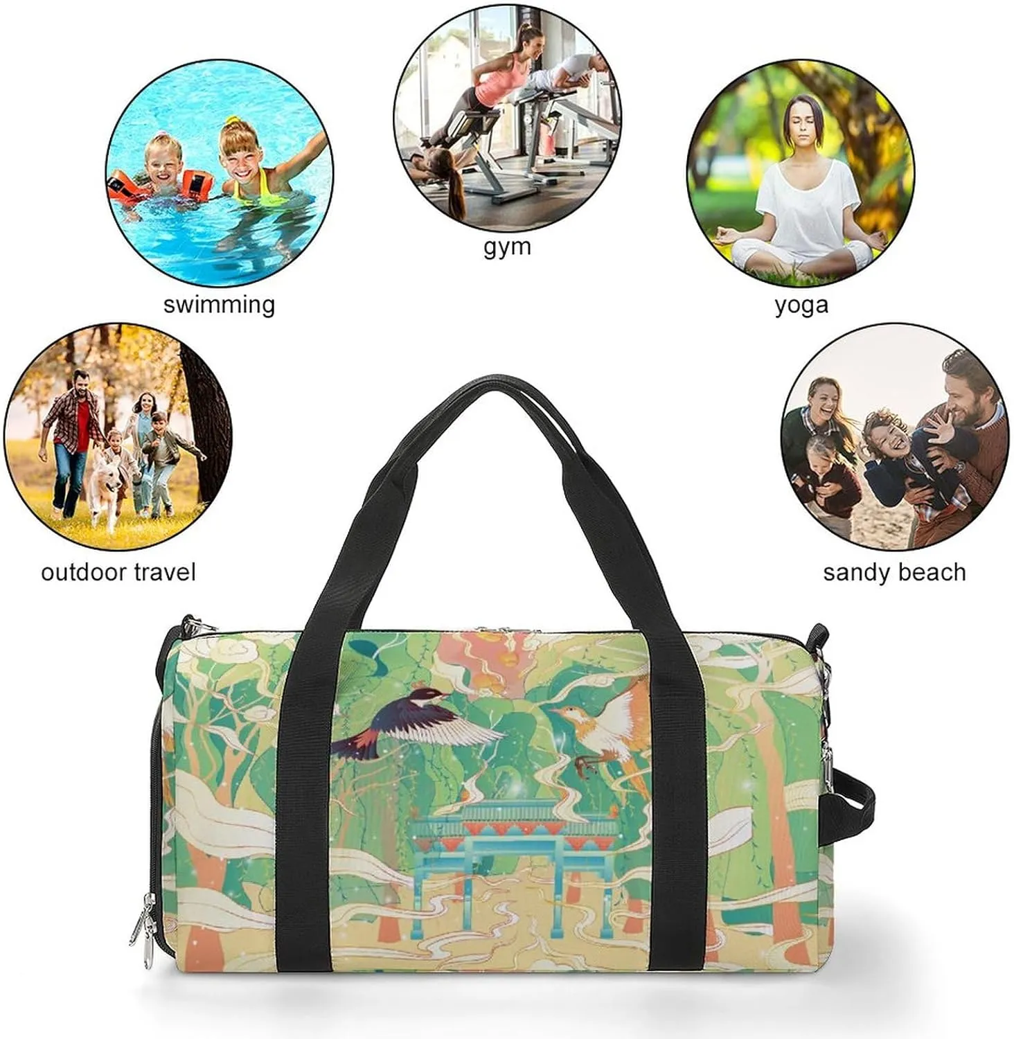 Chinese Painting Sports Tote Gym Bag for Women Men, Overnight Bag with Shoe Compartment Water Resistant
