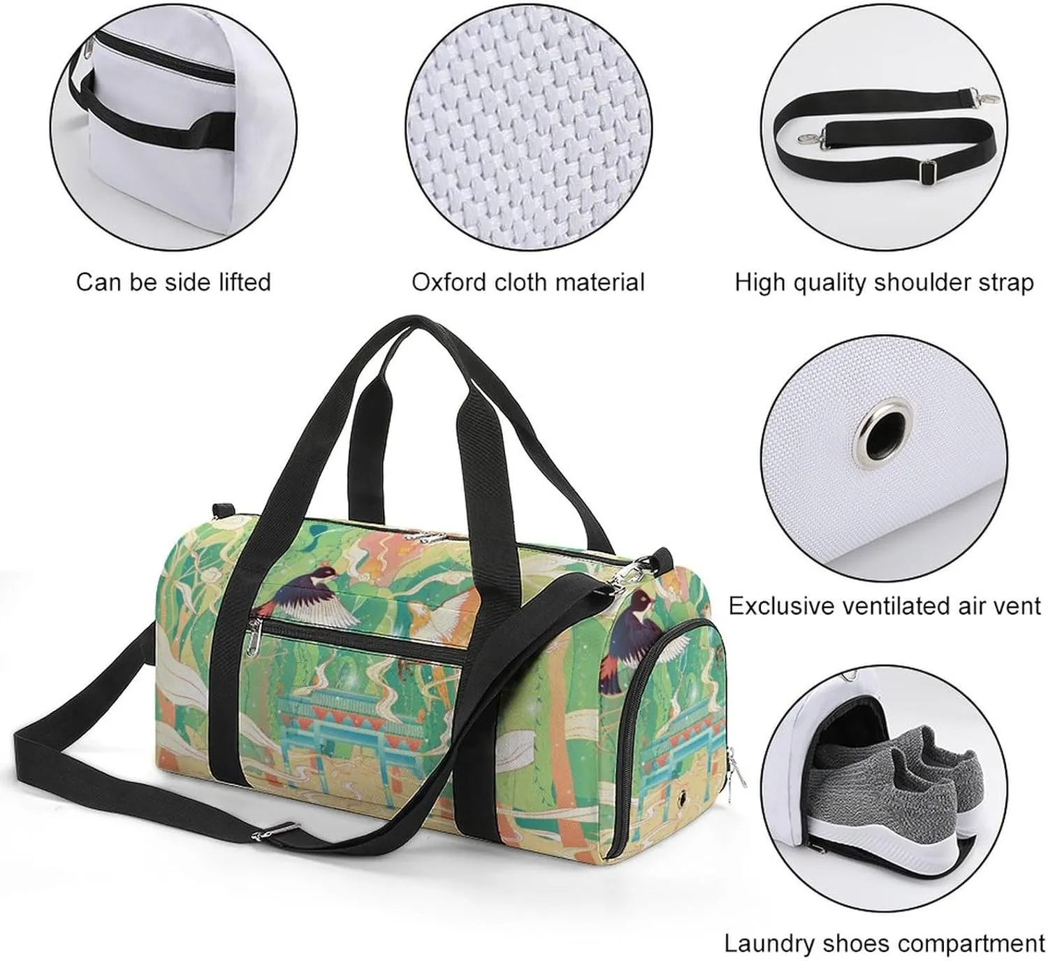 Chinese Painting Sports Tote Gym Bag for Women Men, Overnight Bag with Shoe Compartment Water Resistant