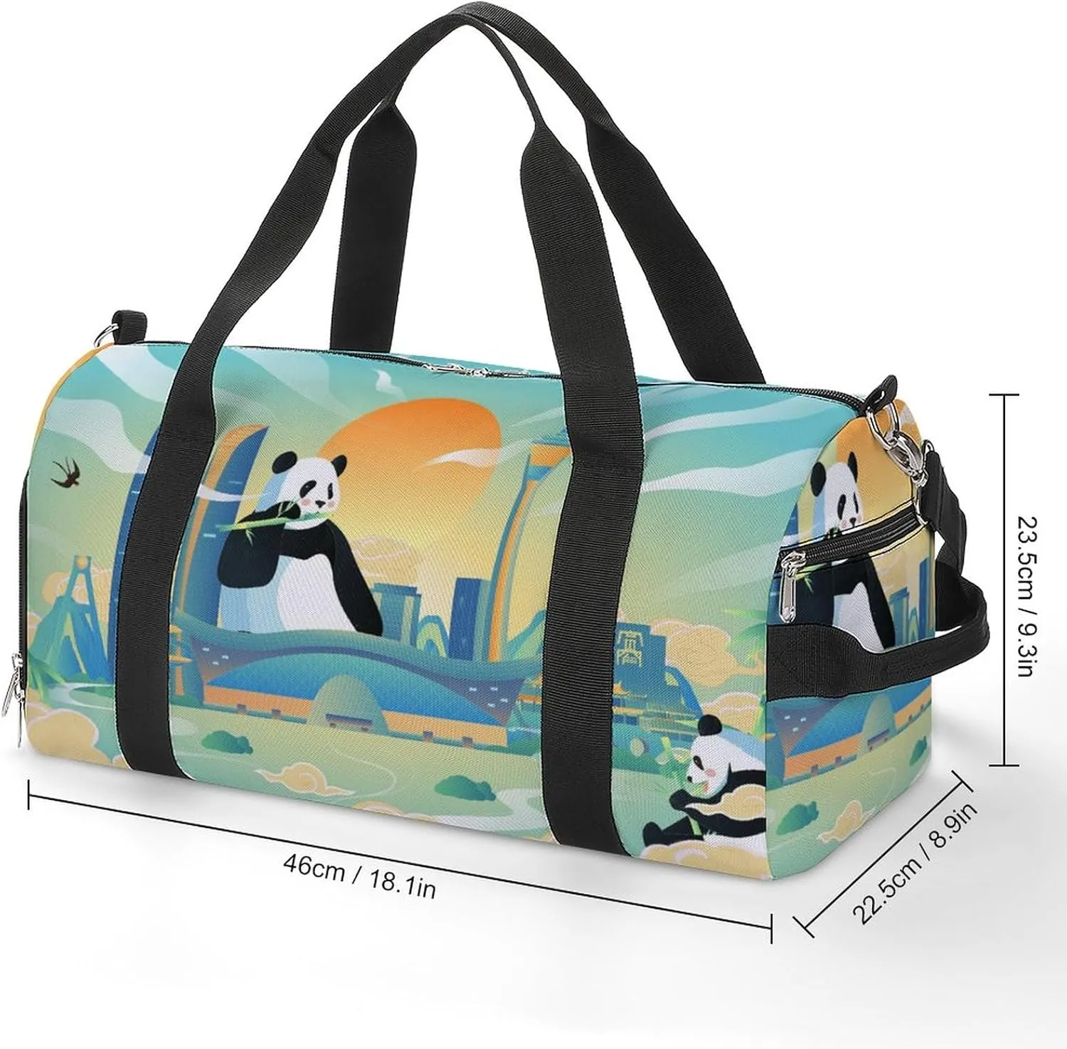 Chinese Pandas Painting Sports Tote Gym Bag for Women Men, Overnight Bag with Shoe Compartment Water Resistant