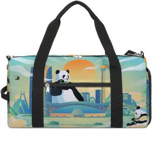 Chinese Pandas Painting Sports Tote Gym Bag for Women Men, Overnight Bag with Shoe Compartment Water Resistant