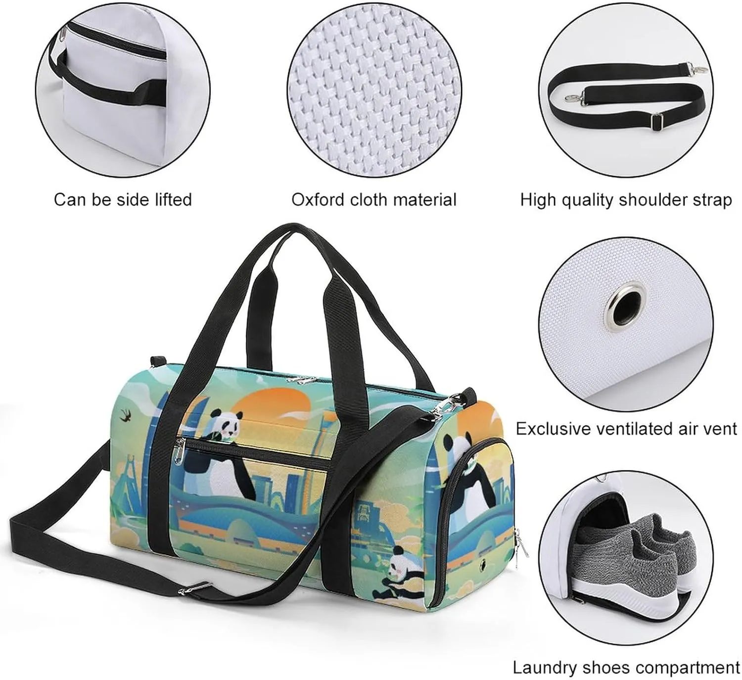 Chinese Pandas Painting Sports Tote Gym Bag for Women Men, Overnight Bag with Shoe Compartment Water Resistant