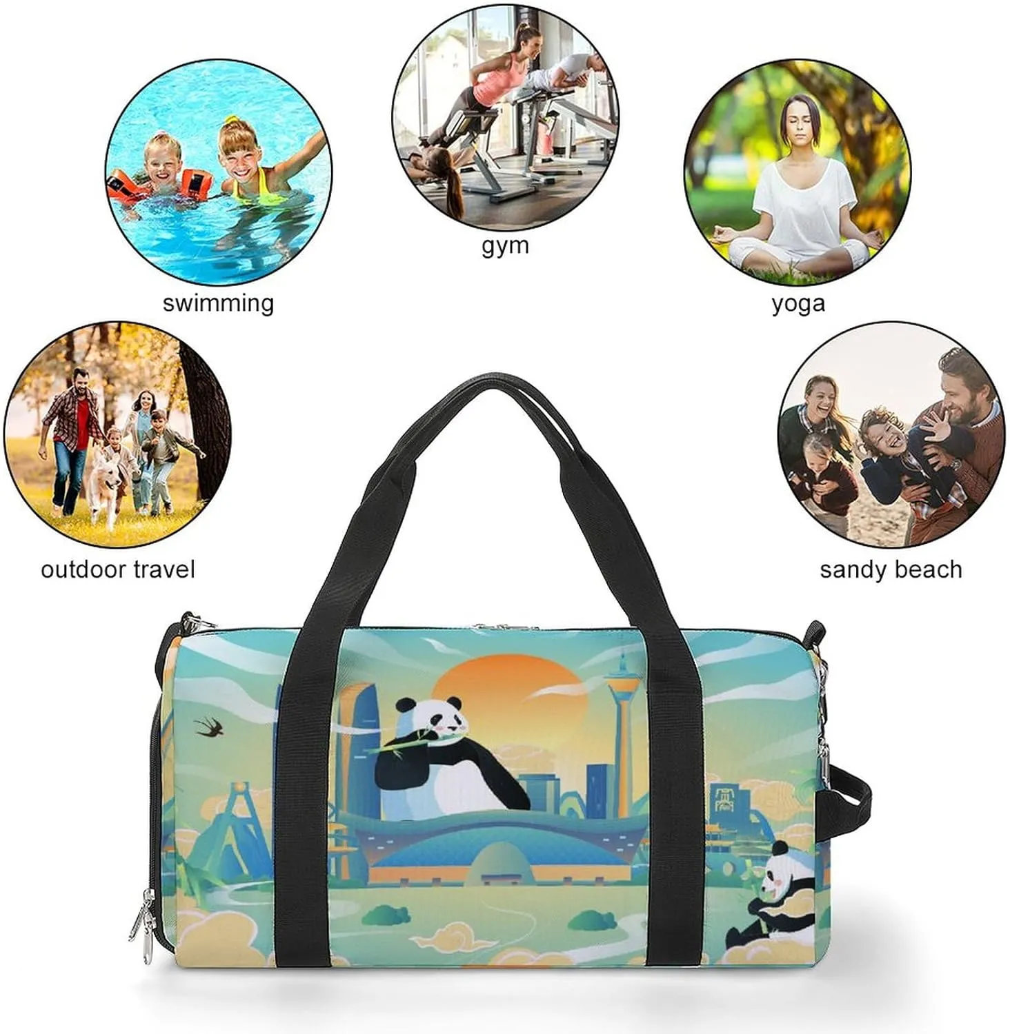 Chinese Pandas Painting Sports Tote Gym Bag for Women Men, Overnight Bag with Shoe Compartment Water Resistant