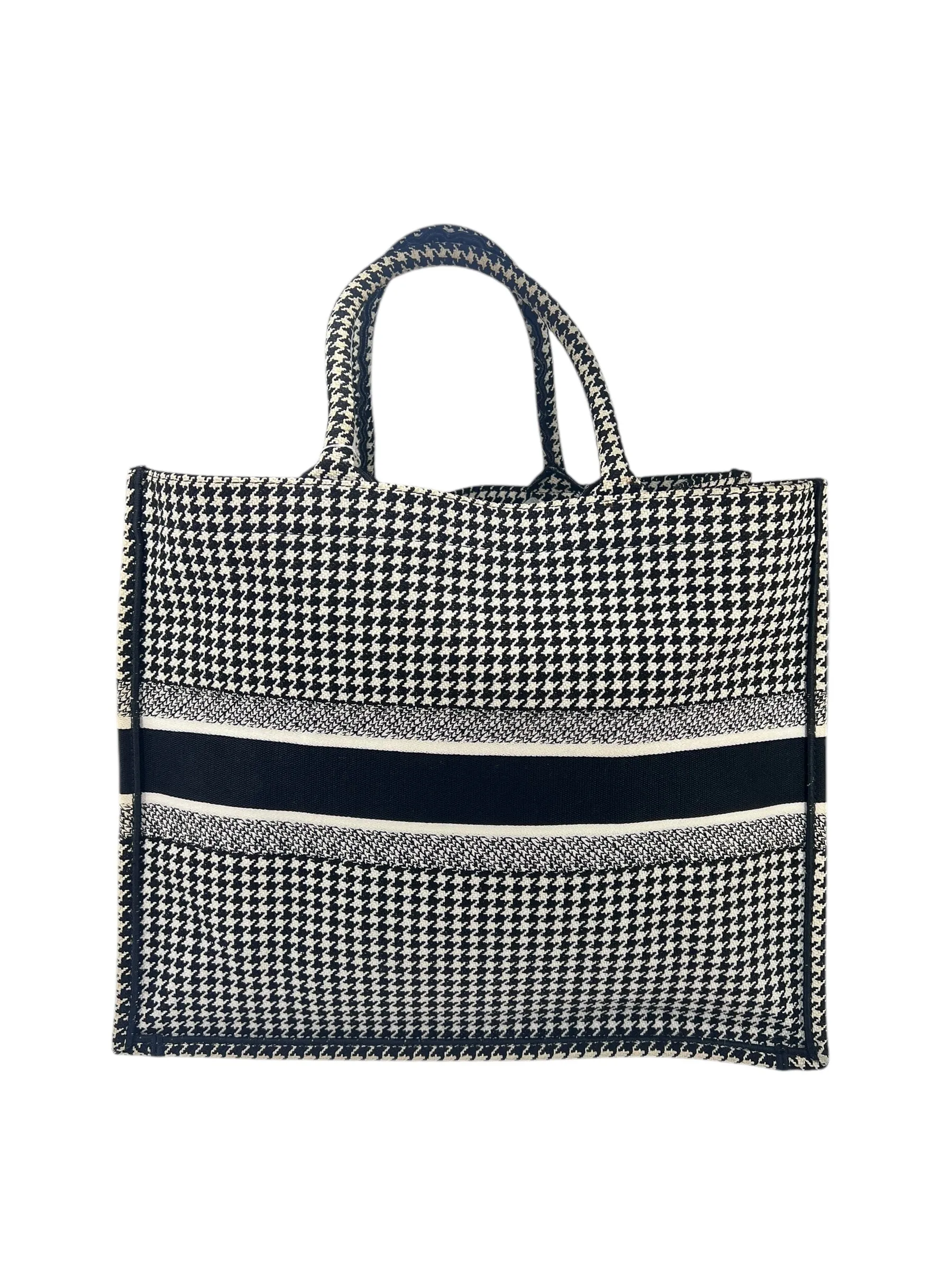 Christian Dior Canvas Houndstooth Embroidered Medium Book Tote Black White