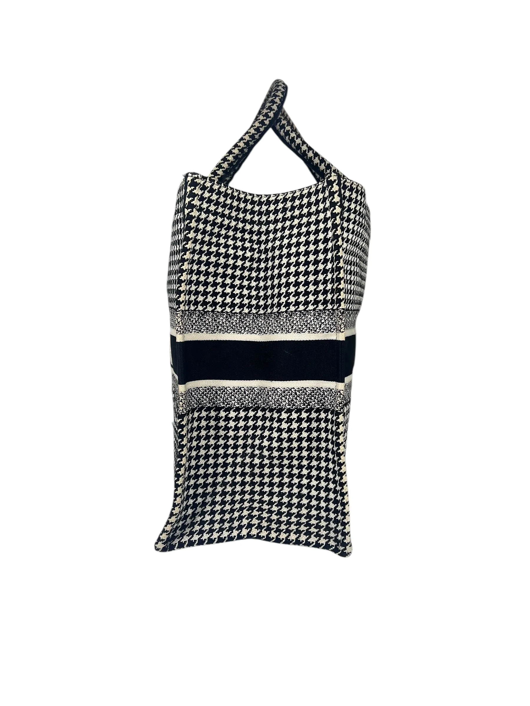 Christian Dior Canvas Houndstooth Embroidered Medium Book Tote Black White
