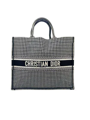 Christian Dior Canvas Houndstooth Embroidered Medium Book Tote Black White