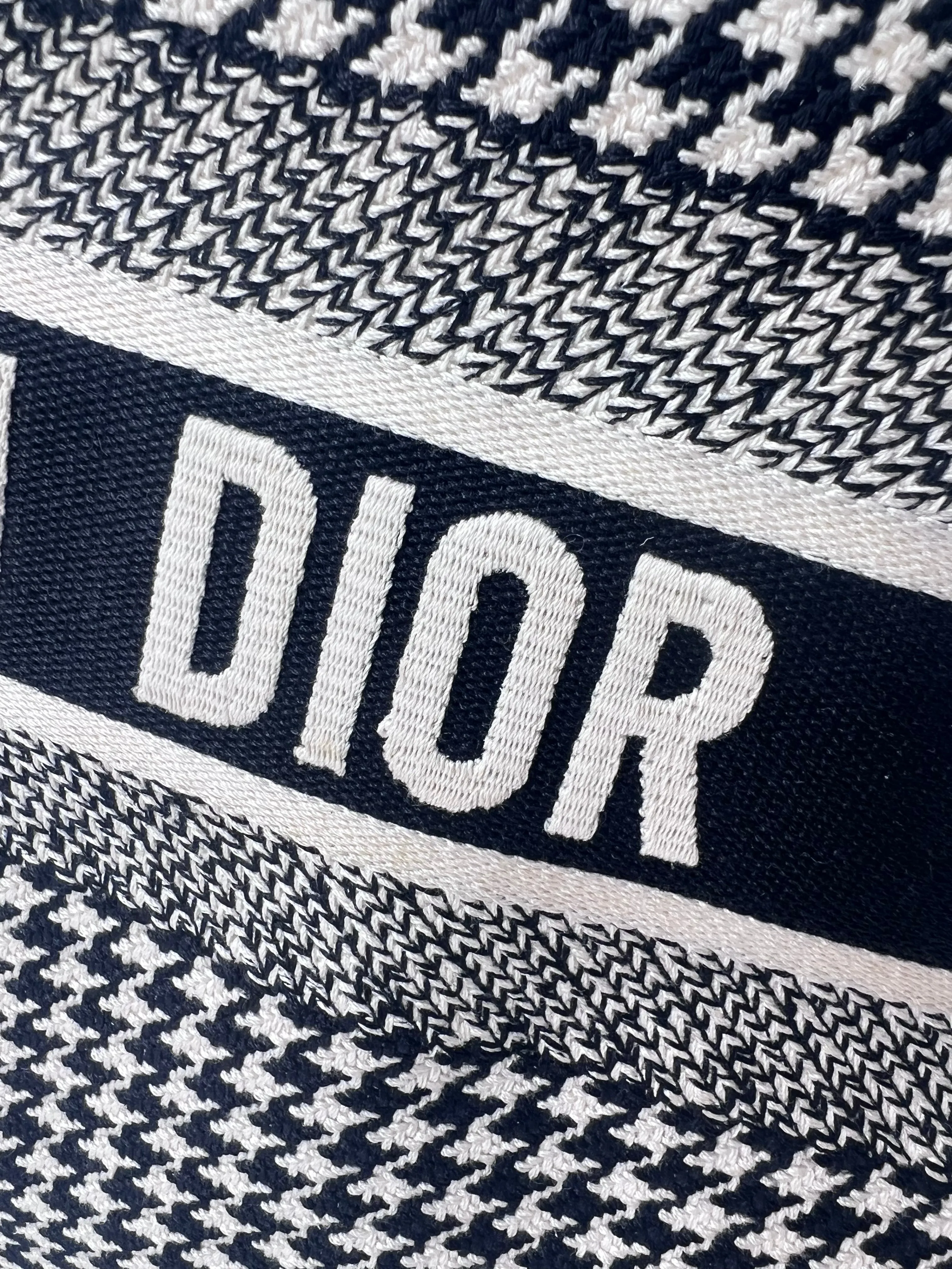 Christian Dior Canvas Houndstooth Embroidered Medium Book Tote Black White