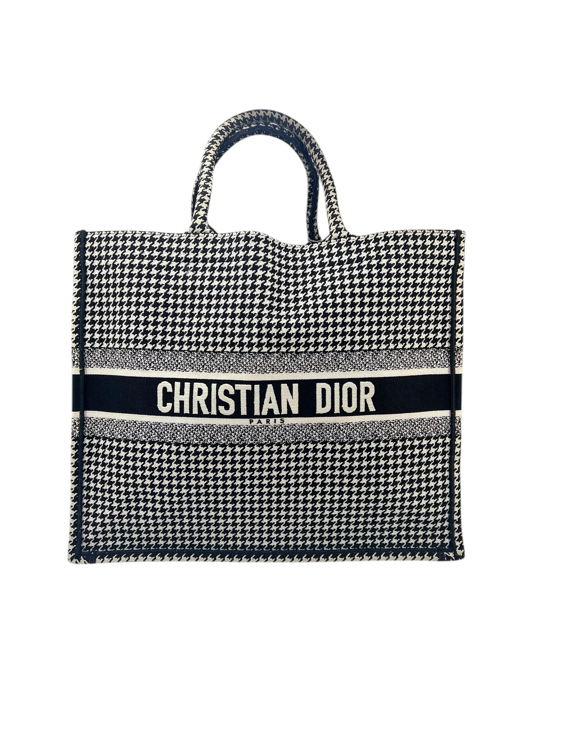 Christian Dior Canvas Houndstooth Embroidered Medium Book Tote Black White