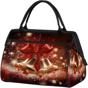 Christmas Bells Ribbon Gym Bag for Women Men, Travel Sports Duffel Bag with Trolley Sleeve, Waterproof Sports Gym Bag Weekender Overnight Bag Carry On Tote Bag for Travel Gym Sport