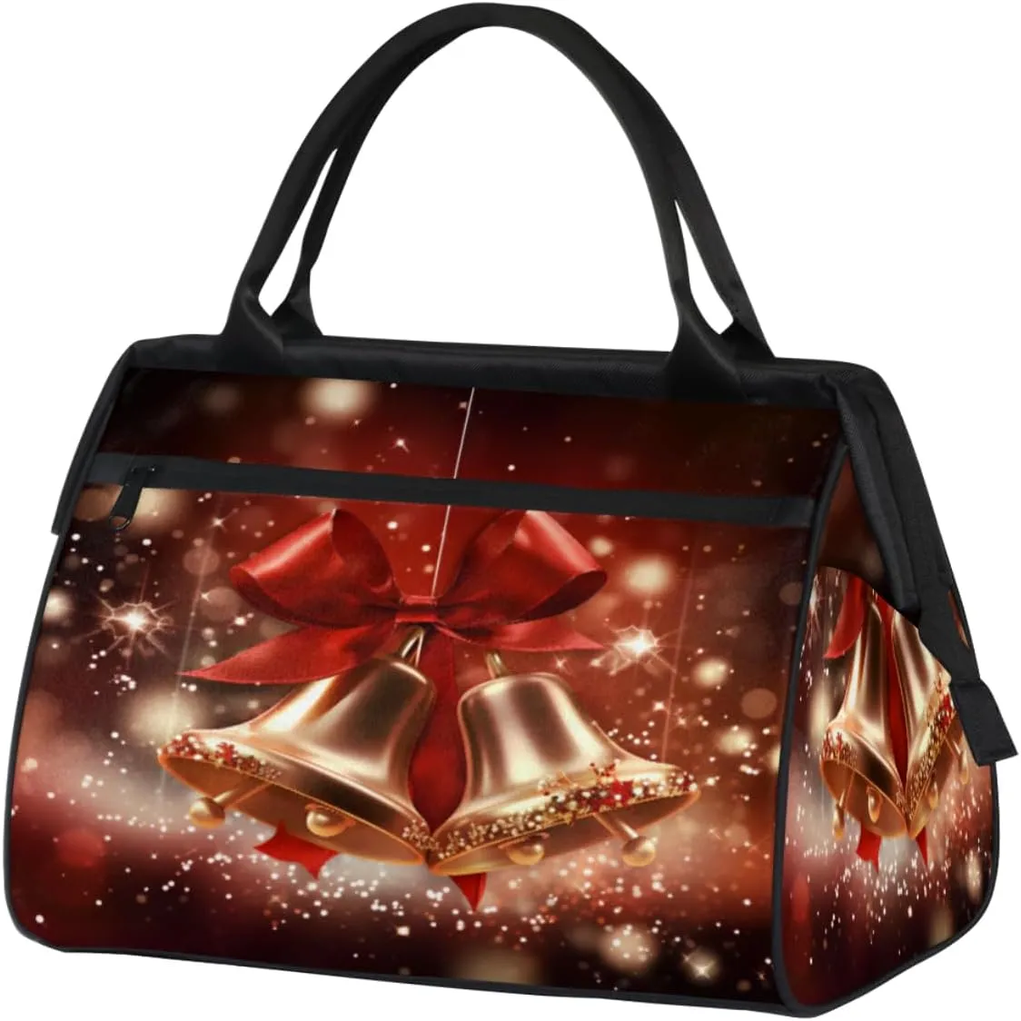 Christmas Bells Ribbon Gym Bag for Women Men, Travel Sports Duffel Bag with Trolley Sleeve, Waterproof Sports Gym Bag Weekender Overnight Bag Carry On Tote Bag for Travel Gym Sport