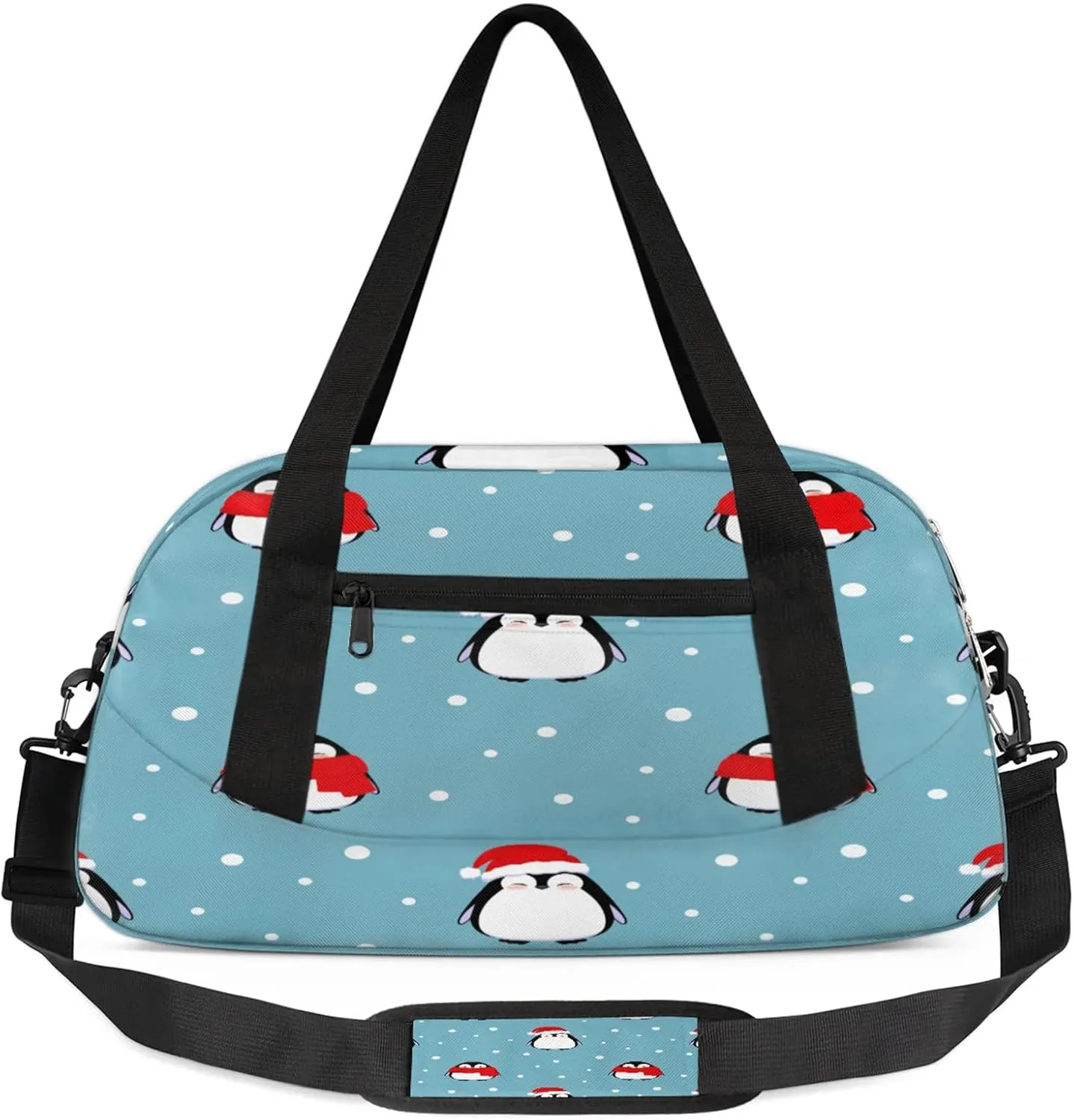 Christmas Penguin Pattern Kids Duffel Bag Lightweight Waterproof Sports Gym Bag with Front Zipper Pocket Foldable Weekender Overnight Bag for School Practice Gymnastic Ballet