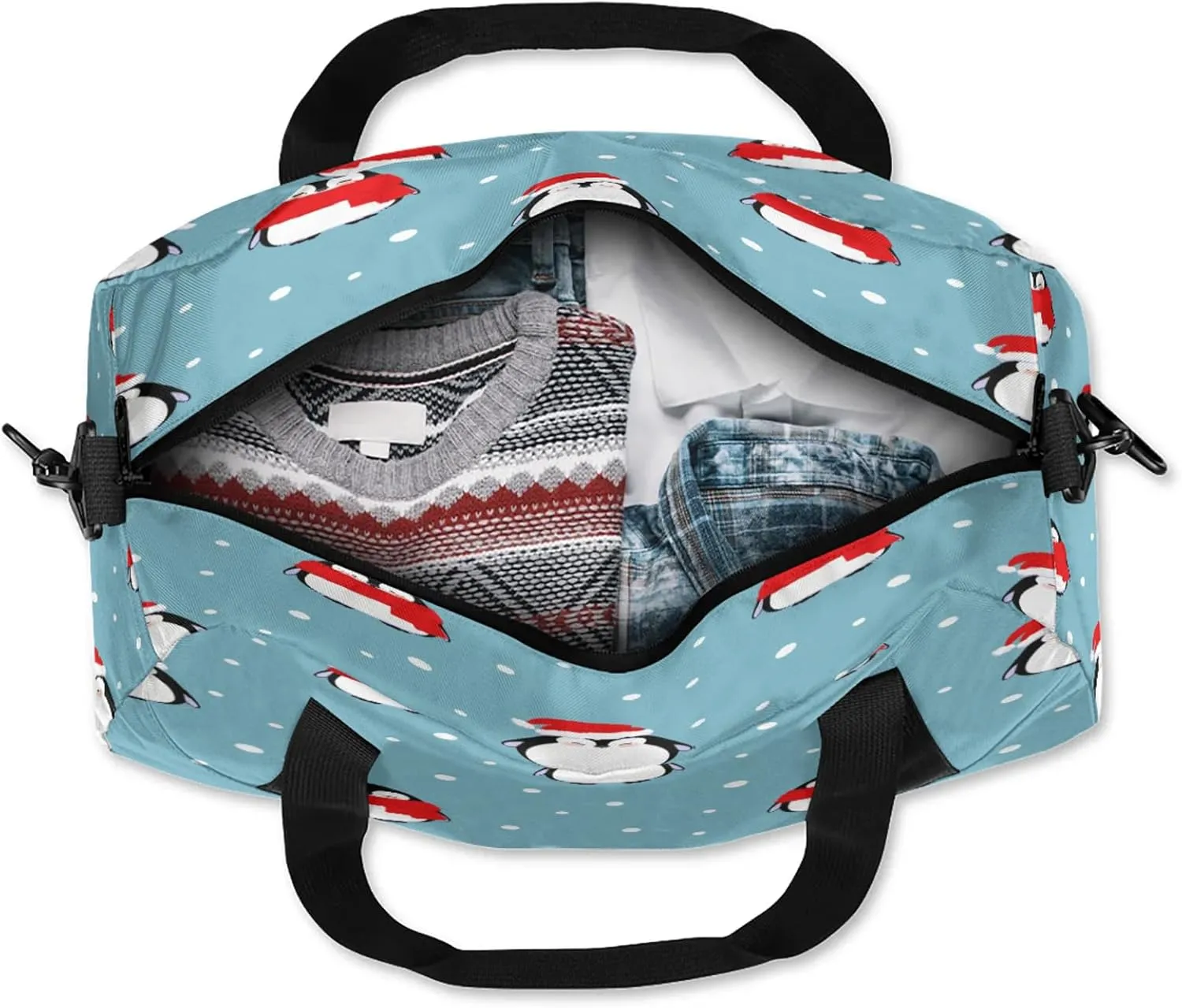 Christmas Penguin Pattern Kids Duffel Bag Lightweight Waterproof Sports Gym Bag with Front Zipper Pocket Foldable Weekender Overnight Bag for School Practice Gymnastic Ballet