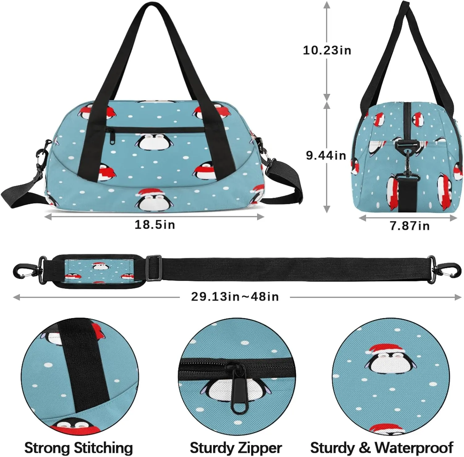Christmas Penguin Pattern Kids Duffel Bag Lightweight Waterproof Sports Gym Bag with Front Zipper Pocket Foldable Weekender Overnight Bag for School Practice Gymnastic Ballet