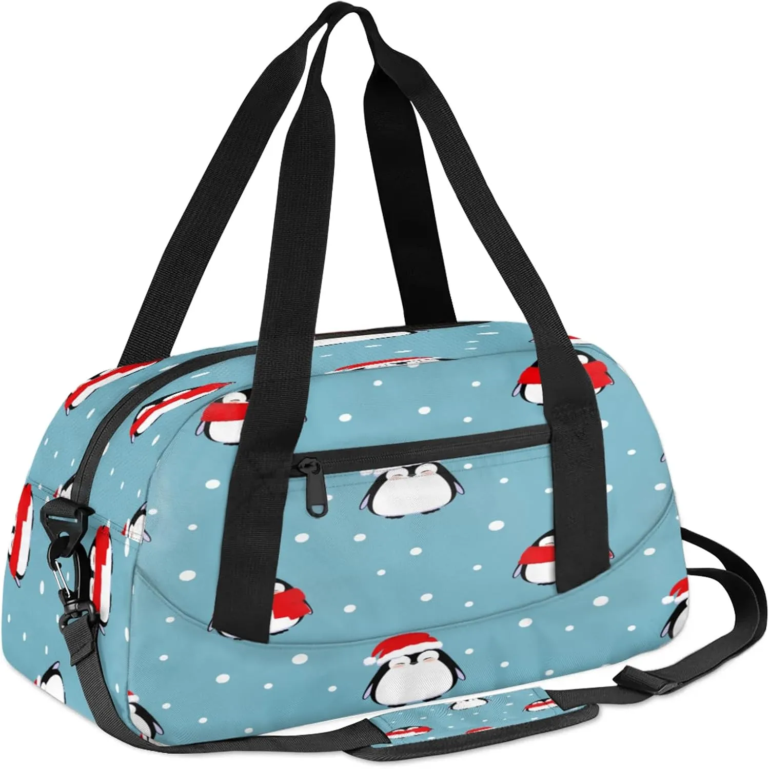 Christmas Penguin Pattern Kids Duffel Bag Lightweight Waterproof Sports Gym Bag with Front Zipper Pocket Foldable Weekender Overnight Bag for School Practice Gymnastic Ballet