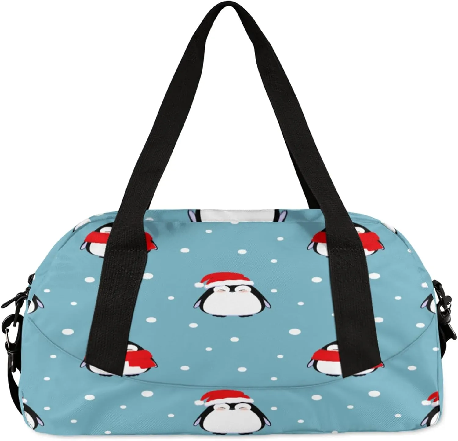 Christmas Penguin Pattern Kids Duffel Bag Lightweight Waterproof Sports Gym Bag with Front Zipper Pocket Foldable Weekender Overnight Bag for School Practice Gymnastic Ballet
