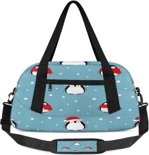 Christmas Penguin Pattern Kids Duffel Bag Lightweight Waterproof Sports Gym Bag with Front Zipper Pocket Foldable Weekender Overnight Bag for School Practice Gymnastic Ballet